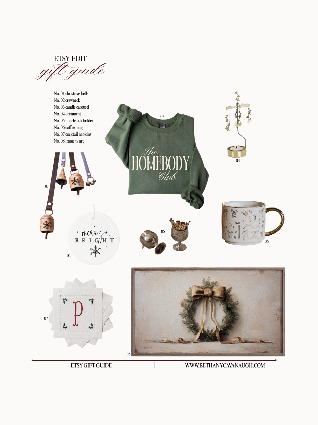 { etsy gift guide ⋆.𐙚 ̊

No. 01 christmas bells
No. 02 the homebody club crewneck 
No. 03 candle carousel
No. 04 merry & bright ceramic ornament
No. 05 vintage matchstick holder
No. 06 bow coffee mug
No. 07 personalized cocktail napkins
No. 08 frame tv christmas art

Aesthetic Homebody Gift Guide . Etsy Christmas Gift Guide . Gifts for Her . Soft Lifestyle Gift Ideas . Handmade Gifts } 

#LTKHoliday #LTKGiftGuide #LTKHome