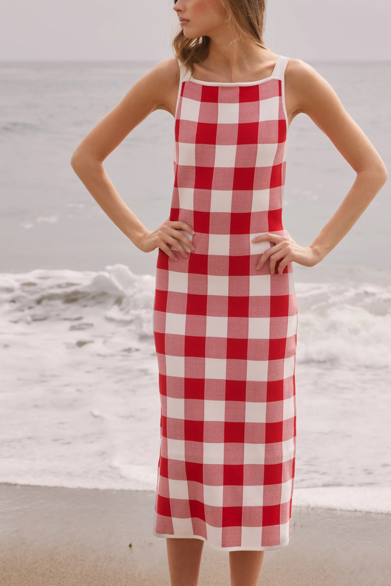 Knitted Gingham Sleeveless Midi Dress | English Factory