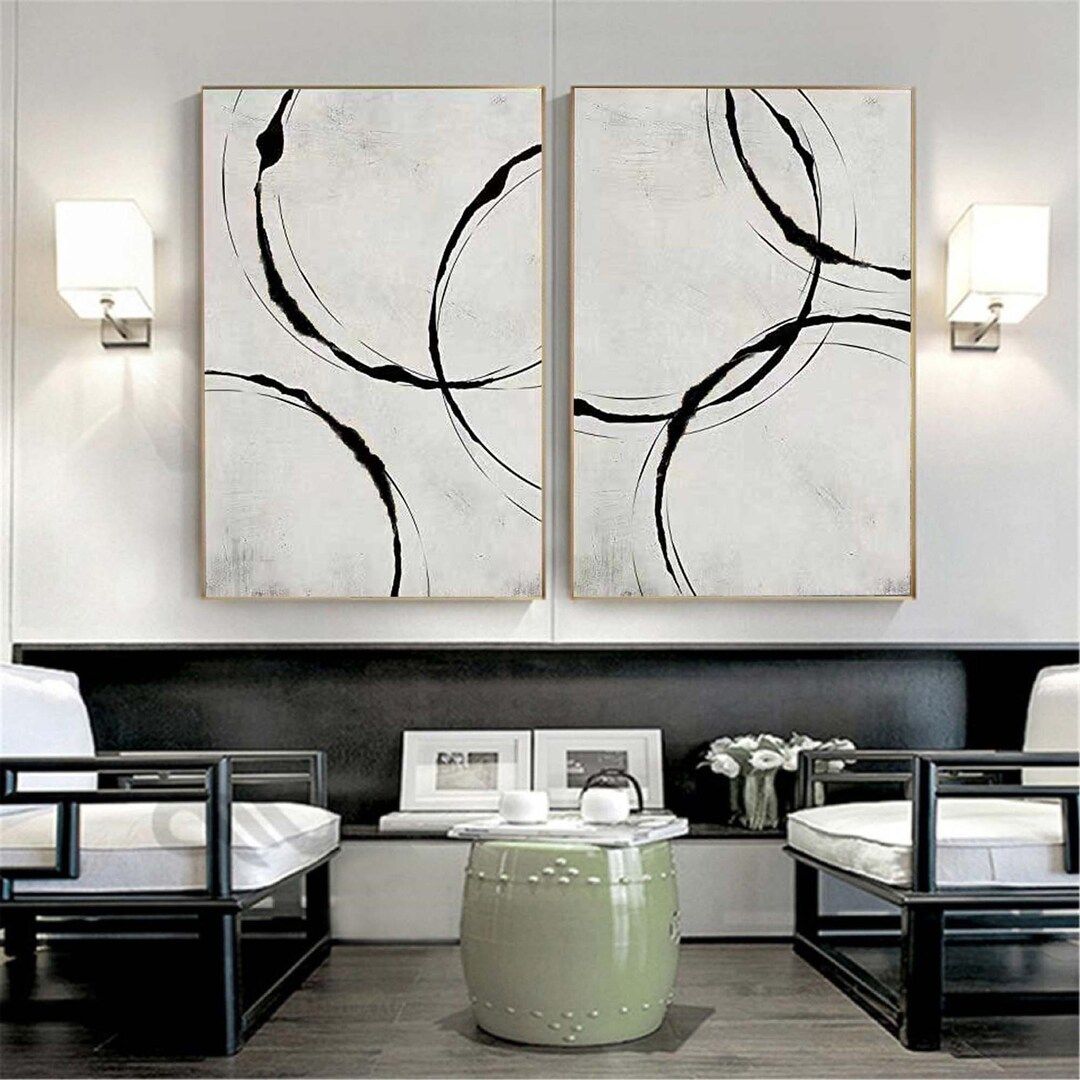 Set of 2 black and white abstract wall art white minimlaist canvas painting black abstract line a... | Etsy (US)