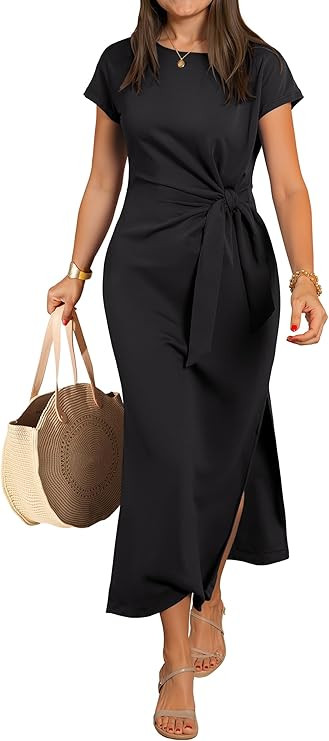 ANRABESS Womens Summer Maxi Dress Casual Crew Neck Tie Waist Split Wrinkle-Free Fit Long Fashion ... | Amazon (US)