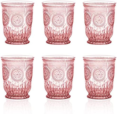 Colored glassware set of 6 pink glassware pink glass cups, pink glasses drinking, vintage drinkin... | Amazon (US)
