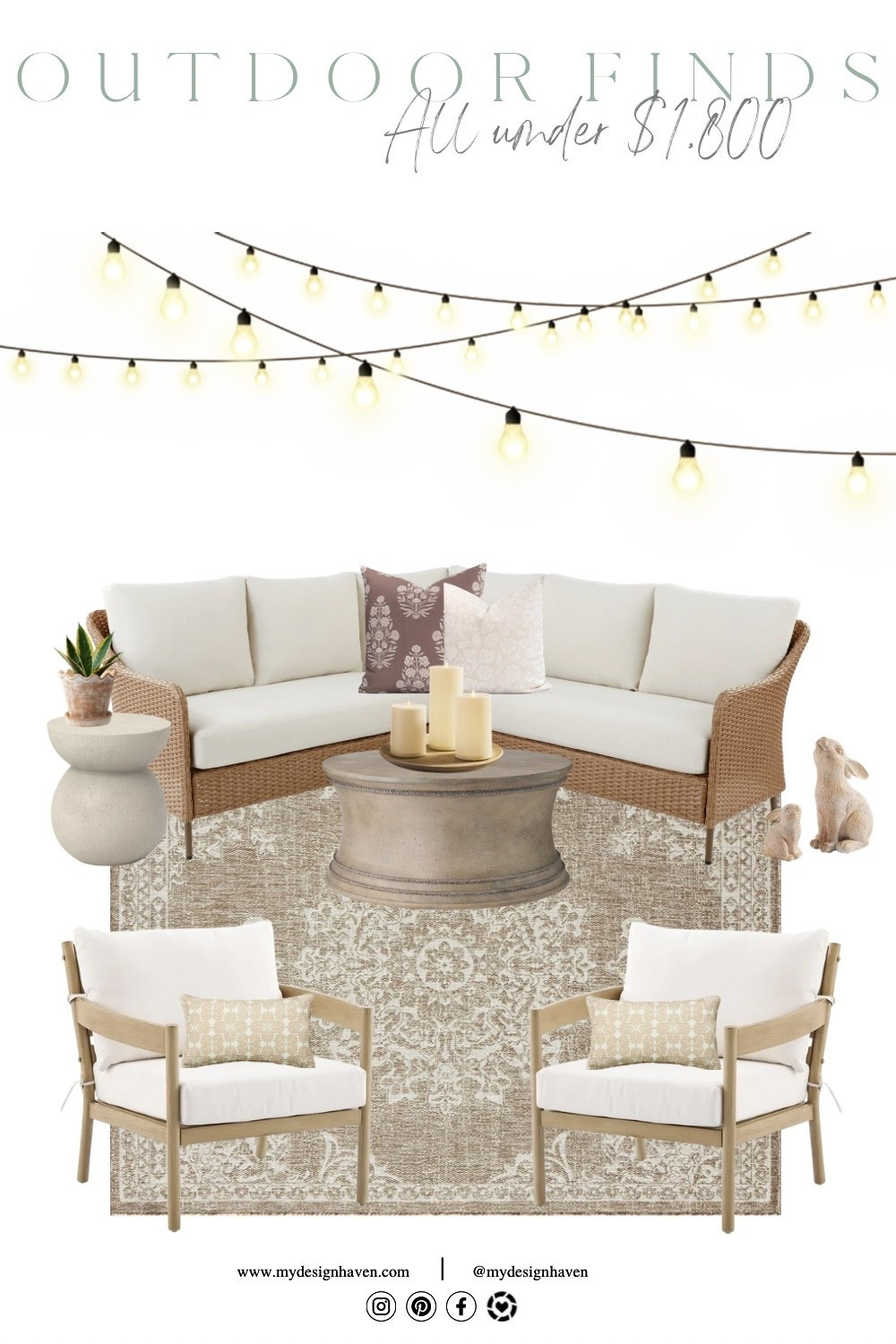 Outdoor patio design under $1,800 featuring cozy neutral outdoor furniture and warm ambient lighting. This inviting patio setup includes a wicker outdoor sectional with cream cushions, neutral outdoor accent chairs, a textured outdoor rug, and a modern round coffee table styled with candles. String lights add the perfect warm glow for relaxing evenings outside. This look blends timeless natural textures, soft beige tones, and comfortable seating to create a peaceful outdoor living space that feels both elevated and welcoming.

Perfect for anyone searching for neutral patio decor, outdoor living room inspiration, wicker patio furniture, cozy outdoor seating ideas, affordable patio design, backyard entertaining spaces, and modern farmhouse outdoor style.

Shop this outdoor patio setup including the wicker sectional, neutral outdoor chairs, outdoor rug, patio string lights, coffee table, and decorative accents to recreate this warm and inviting backyard look. 

#LTKSpringSale #LTKHome #LTKSeasonal