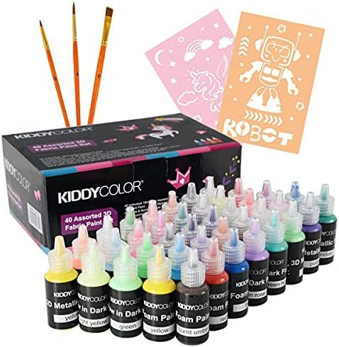 KIDDYCOLOR 40 Colors 3D Fabric Paint with 3 Brushes and Stencils, Fabric Paint with Fluorescent, Glo | Amazon (US)