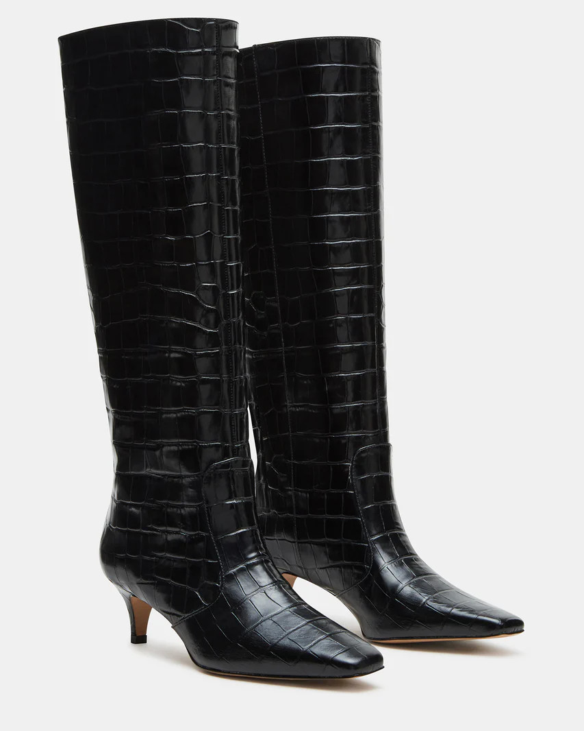 LANDER Black Crocodile Knee-High Kitten Heel Boot | Women's Boots | Steve Madden (US)