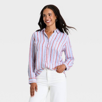 Women's Long Sleeve Linen Collared Button-Down Shirt - Universal Thread™ Multicolor Striped S | Target