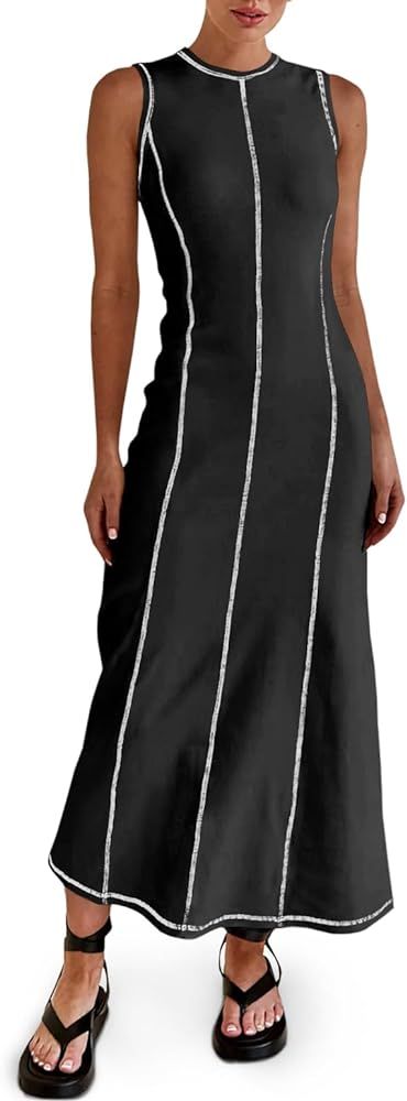 Wenrine Womens Sleeveless T Shirt Dress Summer Contrast Stitch Ribbed Knit Tank Maxi Dresses | Amazon (US)