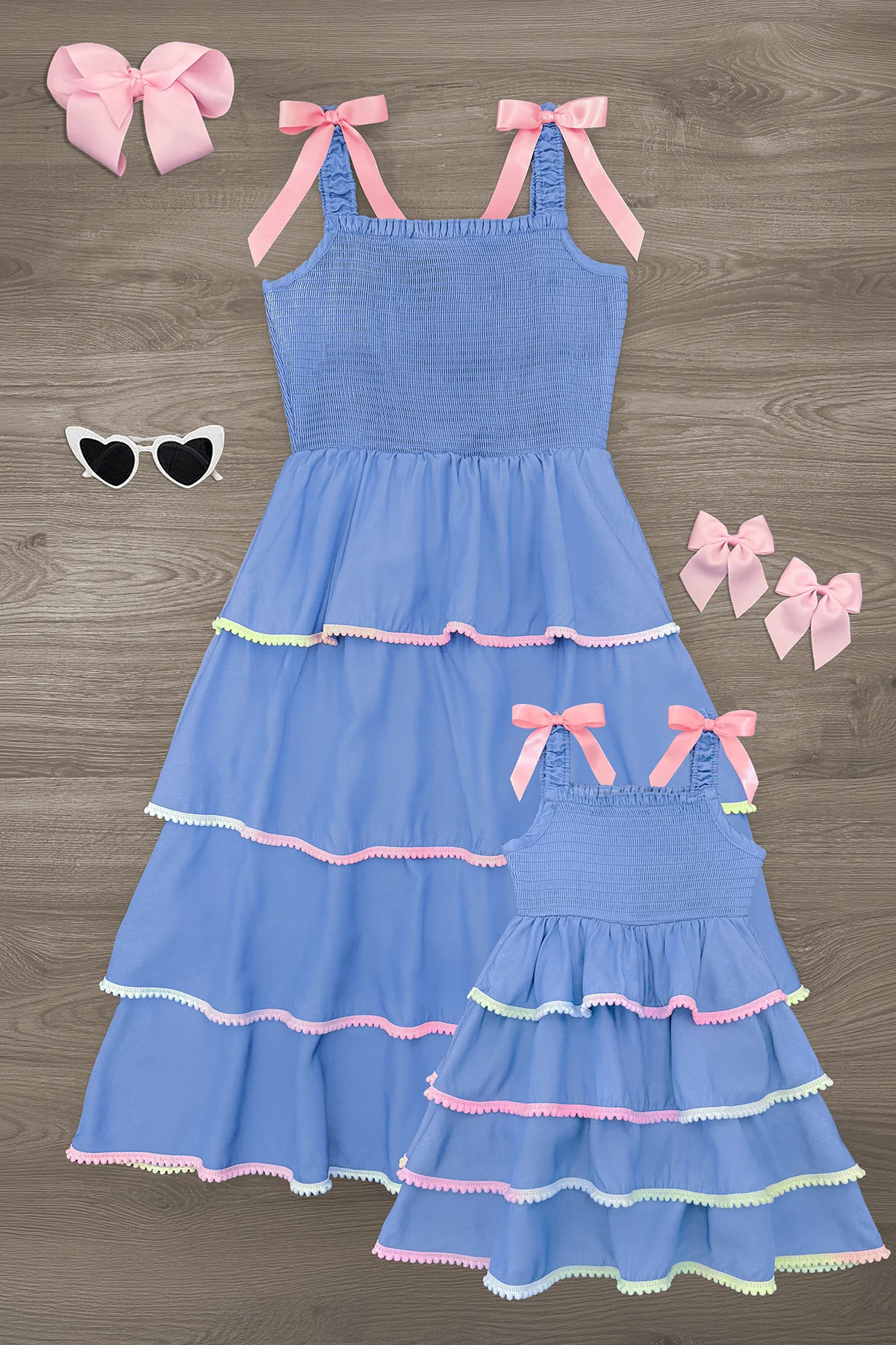 Mom & Me - Chambray Pom Pom Ribbon Dress | Sparkle In Pink