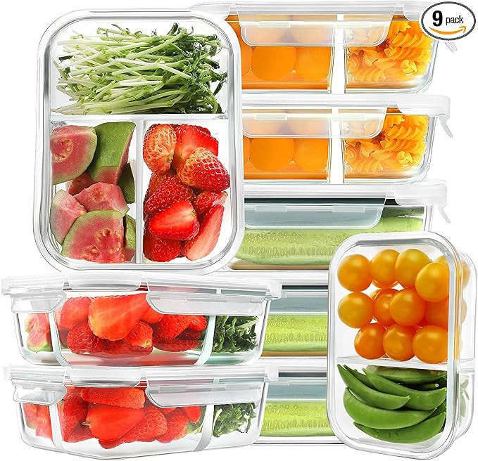 HOMBERKING 9 Pack Glass Meal Prep Containers 3 & 2 & 1 Compartment, Glass Food Storage Containers... | Amazon (US)