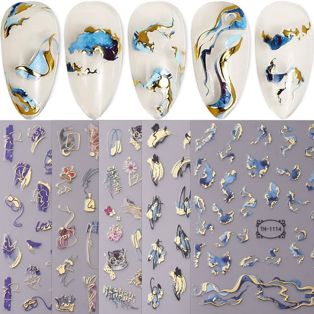 JMEOWIO 8 Sheets Marble French Tip Nail Art Stickers Decals Self-Adhesive Pegatinas Uñas Wave Li... | Amazon (US)