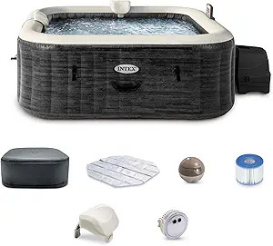 INTEX PureSpa Greystone Deluxe 4 Person Square Inflatable Hot Tub, Bubble Massage Spa Set with En... | Amazon (US)