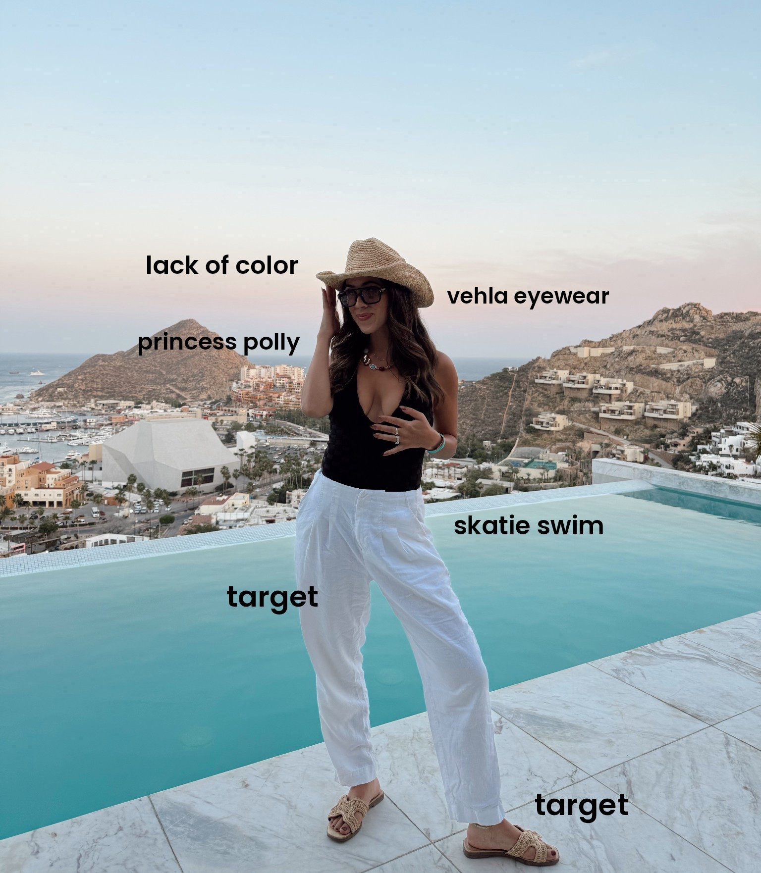 Beach club fit 🖤🌊🧿 #lackofcolor #skatie #princesspolly #beadednecklace #linenpants #target #vehla #aviator @princesspolly-us 

#LTKootd #LTKTravel #LTKSwim