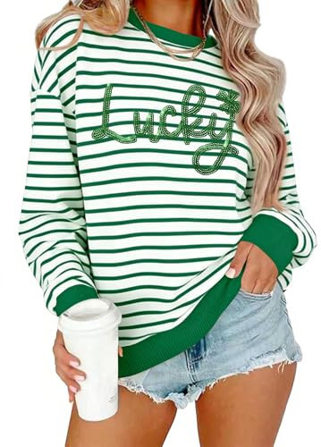 PICKID St Patricks Day Sweatshirt Women Lucky Shamrock Shirt Embroidered Striped Holiday Long Sleeve Pullover Tops | Amazon (US)