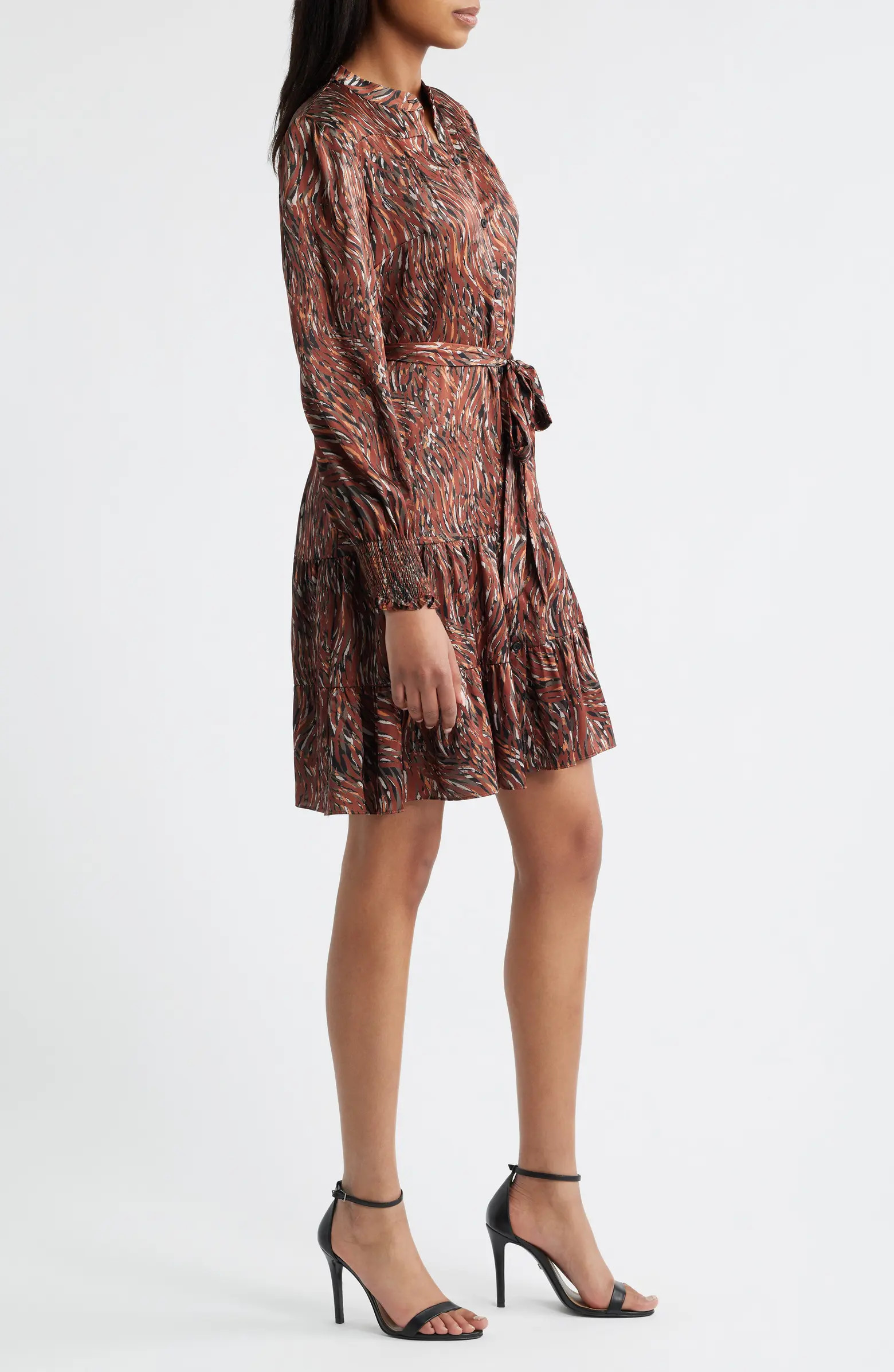 Julia Jordan Tiered Long Sleeve Tie Waist Button Front Satin Dress | Nordstrom | Nordstrom