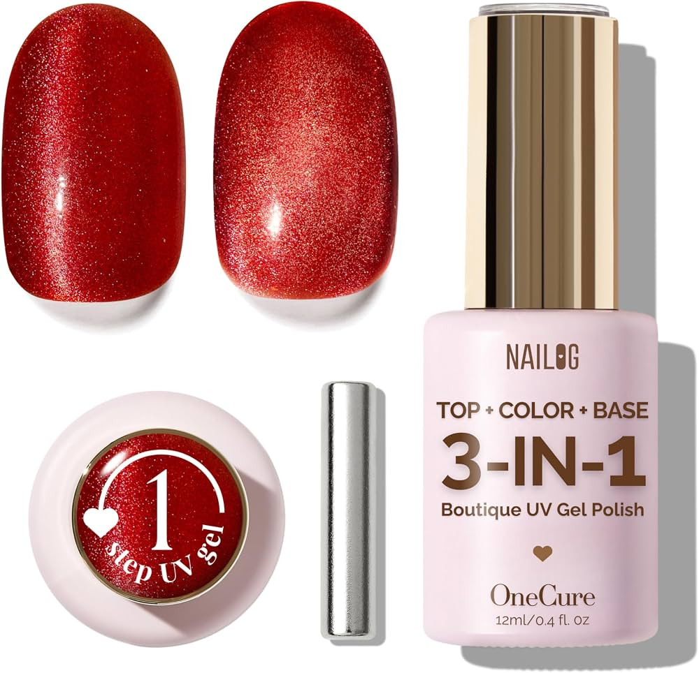 One Step Red Cat Eye Gel Nail Polish 12ml | NAILOG Top Coat Color Gel Base 3-In-1 Formula Soak Of... | Amazon (CA)