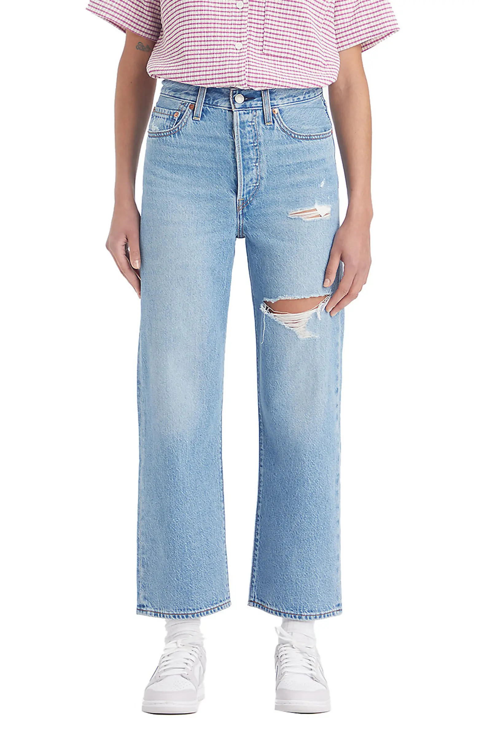 Ribcage Ripped High Waist Ankle Straight Leg Jeans | Nordstrom