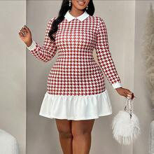 Women's Plus Size Autumn Houndstooth Print Contrast Collar Long Sleeve Ruffle Hem Dress | SHEIN