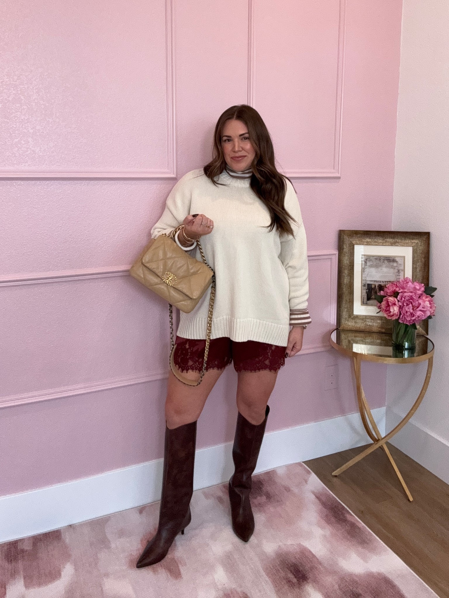 curvy midsize fall look! wearing size large in stripe long sleeve, size xl in cream sweater for an oversized fit, and size xl in satin lace shorts 

#LTKFindsUnder100 #LTKMidsize #LTKSeasonal