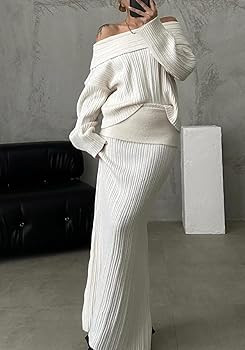Skirt Sets Women 2 Piece Outfits Off Shoulder Long Sleeve Sweater Bodycon Maxi Skirt Fall Knit Sw... | Amazon (US)
