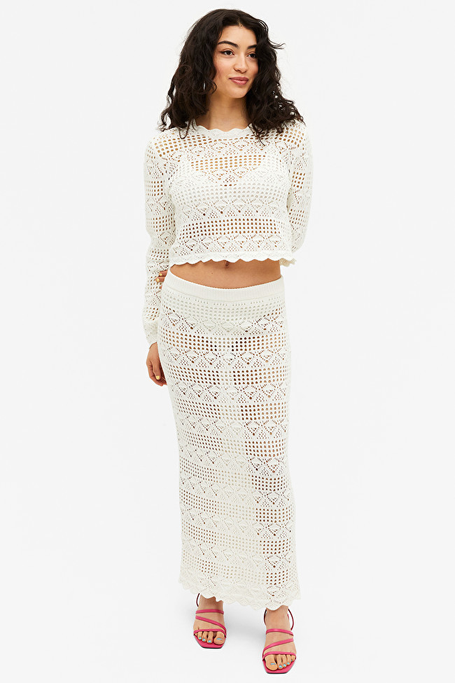 White crochet style midi skirt | Monki