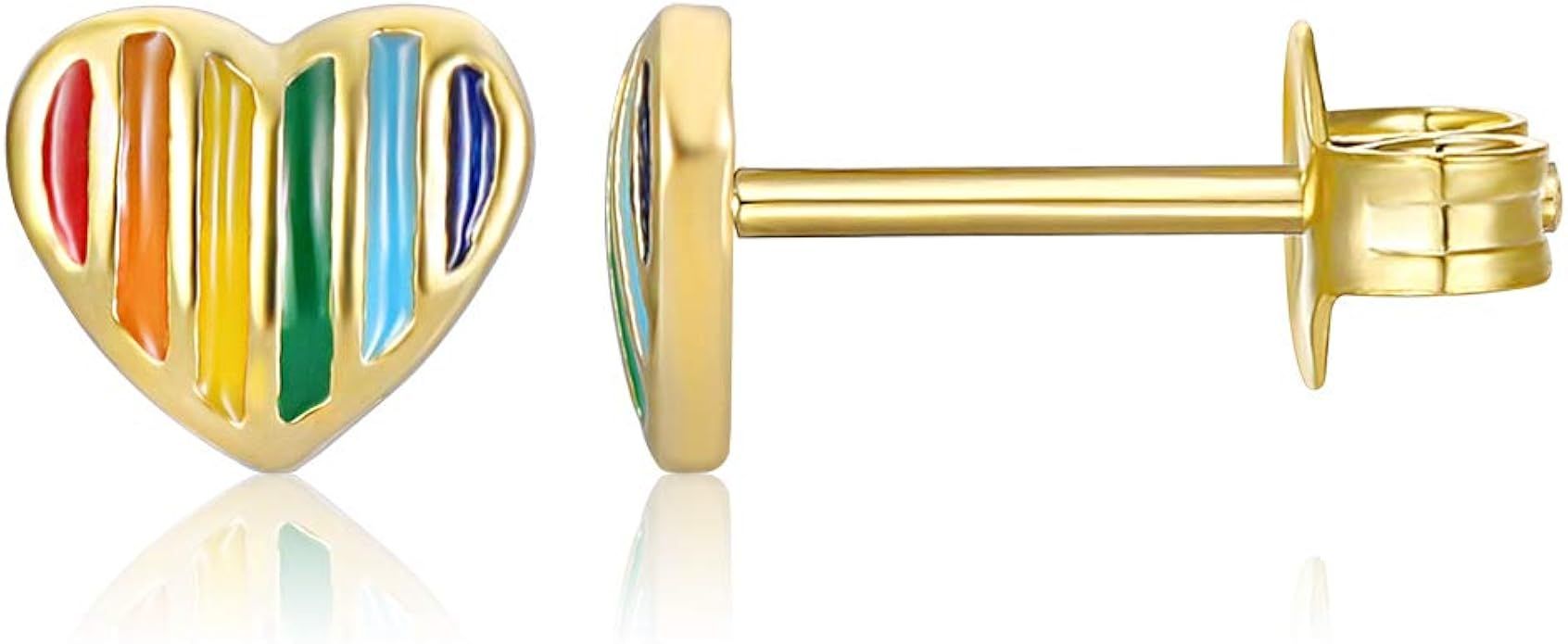 AoedeJ 14K Gold Plated Heart Stud Earrings Sterling Silver Girls Earrings Rainbow Heart Small Stu... | Amazon (US)