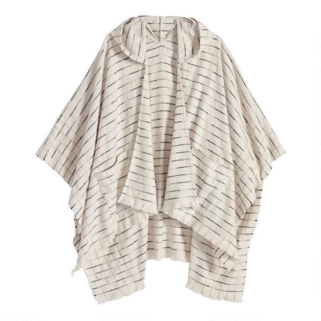 Ivory And Gray Windowpane Hooded Wrap With Pockets | World Market