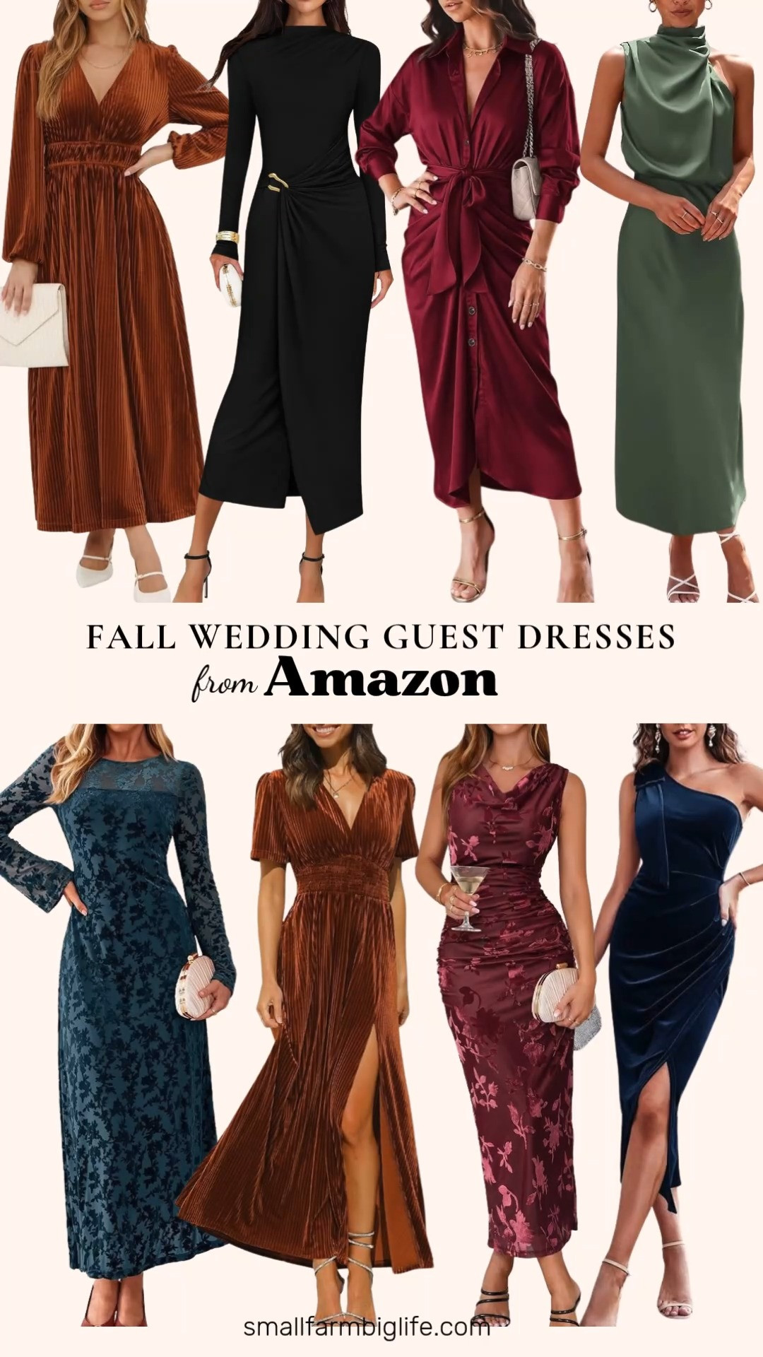 Fall Wedding Guest Dresses From Amazon 🍂 Velvet is the dreamiest fabric for fall weddings, and these Amazon dresses feel so luxe for the price. Choose from a pumpkin velvet V neck maxi, a caramel long sleeve velvet maxi, a navy one shoulder velvet midi with a faux wrap and slit, and burnout floral velvet maxis in wine red with a cowl neck or blue with long bell sleeves. Prefer satin? The army green satin mock neck maxi has a pretty fit and flare shape, and the dark wine red satin button down maxi with a tie waist works for so many occasions. A black long sleeve ruched midi with button trim is a classic that never goes out of style. These fall wedding guest dresses are perfect for evening receptions, rehearsal dinners, holiday parties, and date night outfits. Pair them with heels or dressy fall shoes for elegant fall dresses for women over 50 and beyond!

#amazonfashion #amazonfinds #fallweddingguest #velvetdress #falldresses #holidaydress 

 #LTKootd #LTKOver40 #LTKWedding