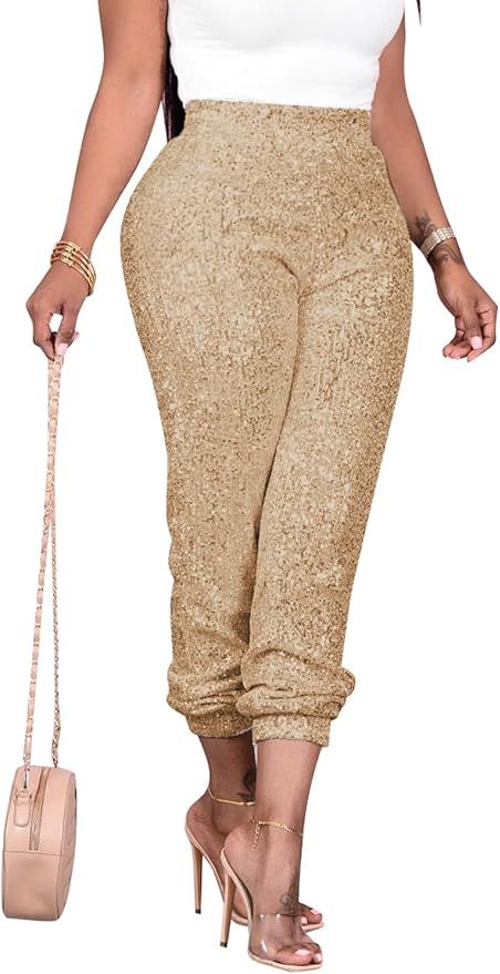 Sunflowerqueen Women Sequin Pants Solid Color High Waist Sparkle Sexy Pencil Legging Trousers | Amazon (US)