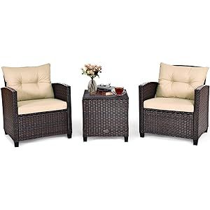 Tangkula 3 Pieces Patio Furniture Set, PE Rattan Wicker 3 Pcs Outdoor Sofa Set w/Washable Cushion... | Amazon (US)