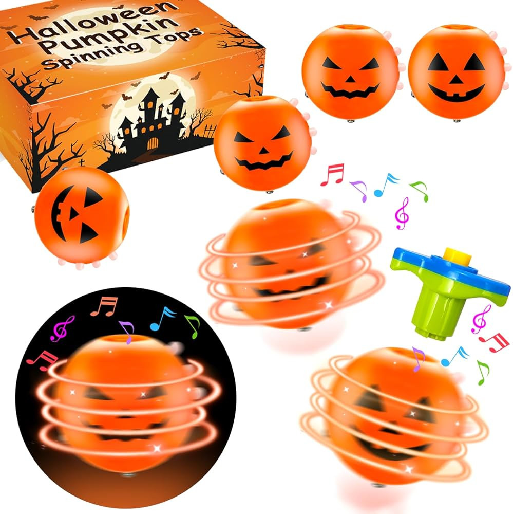 Halloween Basket Goodie Bag Stuffer Fillers for Kids, 4 Pack Pumpkin Light Up Spinning Top Toys G... | Amazon (US)