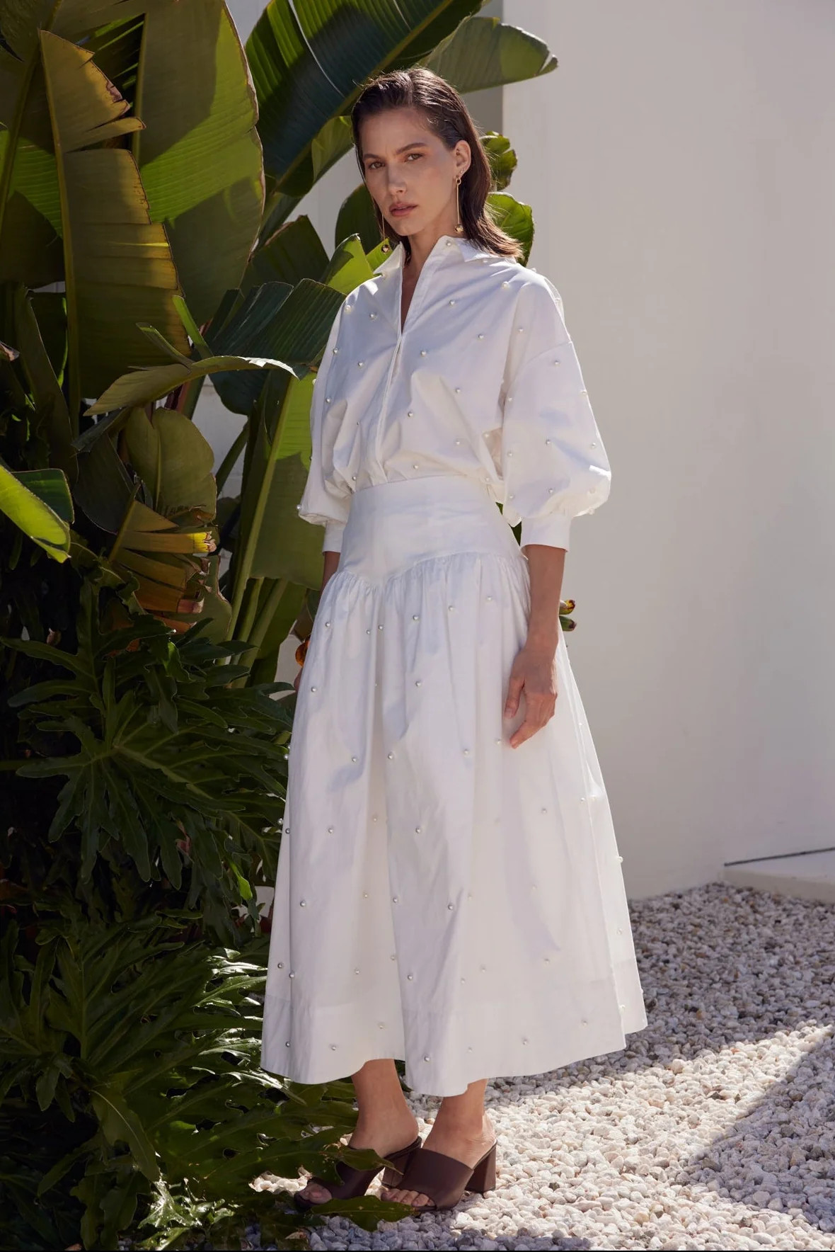 Pearl Embellished Poplin Midi Skirt | English Factory