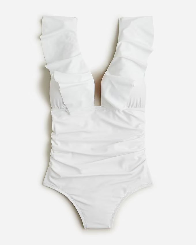 Long-torso ruffle V-neck ruched one-piece swimsuit | J.Crew US