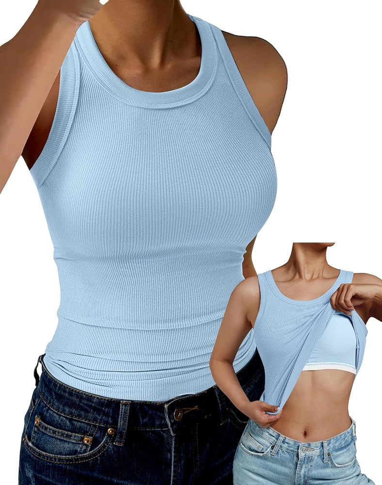 Tank Top for Women Built in Bra High Neck Ribbed Basics Tops Racerback Fitted Bra Tanks | Amazon (US)