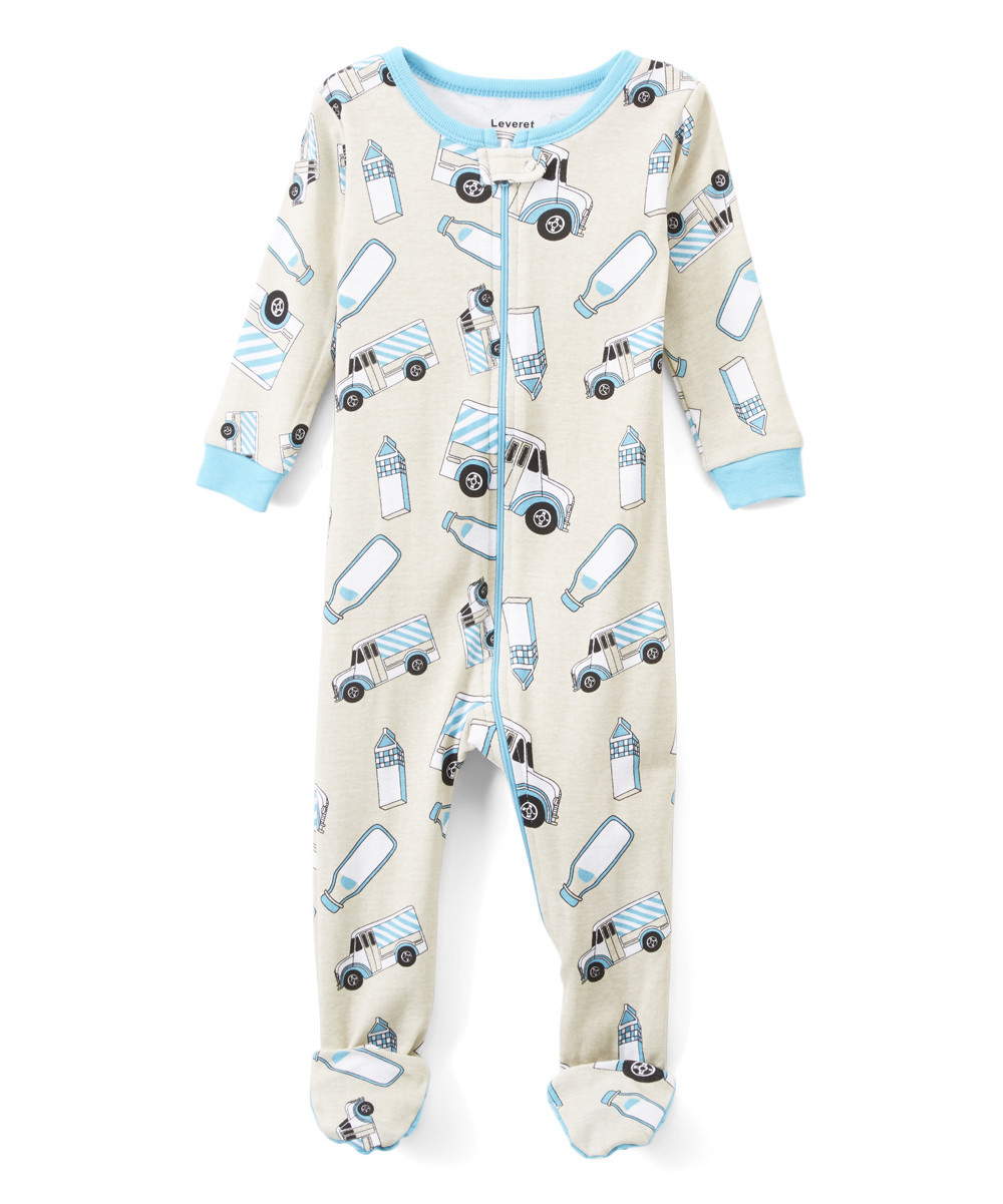 Leveret Footies - Blue Milk Truck Organic Cotton Footie Pajamas - Infant | Zulily
