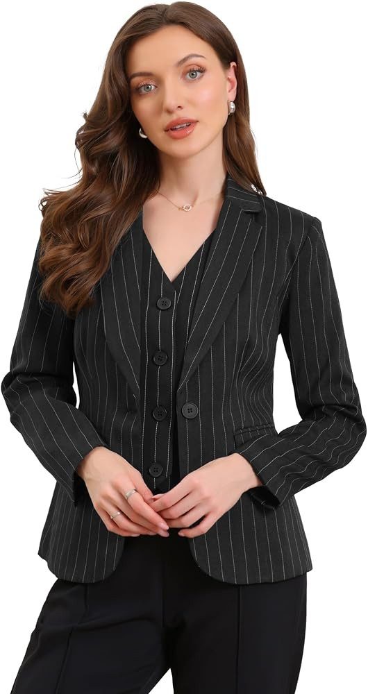 Allegra K Striped Blazer for Women's Notched Lapel One Button Long Sleeve Work Office Suit Jacket... | Amazon (US)