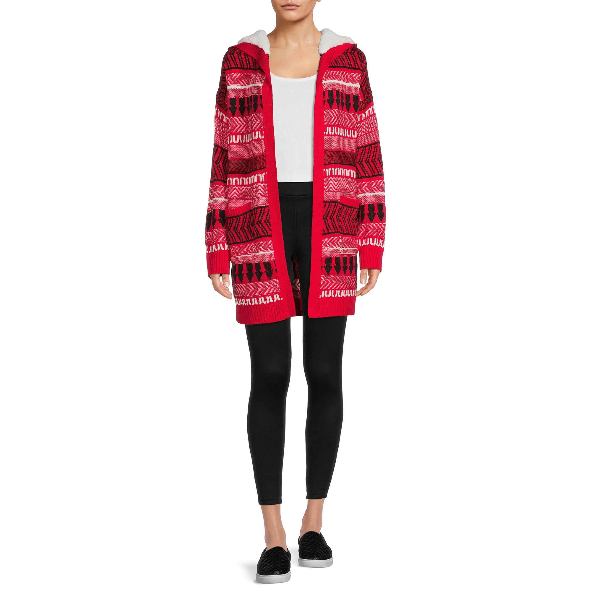No Boundaries Juniors Jacquard Cardigan with Faux Sherpa Hood - Walmart.com | Walmart (US)