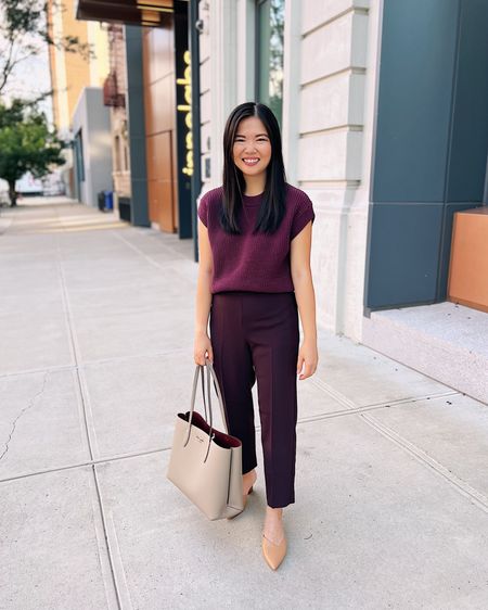 Maroon sweater (XS)
Maroon short sleeve sweater
Burgundy pants (4P)
Taupe tote bag
Kate Spade tote bag
Brown mule pumps (TTS)
Monochromatic outfit
Business casual outfit 
Smart casual outfit 
Teacher outfit 
Neutral work outfit 
Ann Taylor outfit 

#LTKstyletip #LTKworkwear #LTKunder100