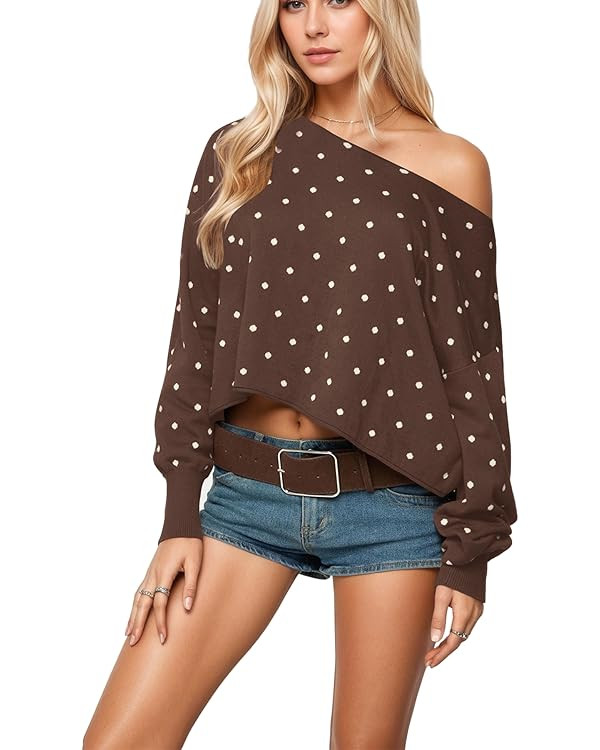 Women Off The Shoulder Polka Dot Sweater Tops Long Sleeve Oversized Crop Knit Pullover Shirt Fall... | Amazon (US)