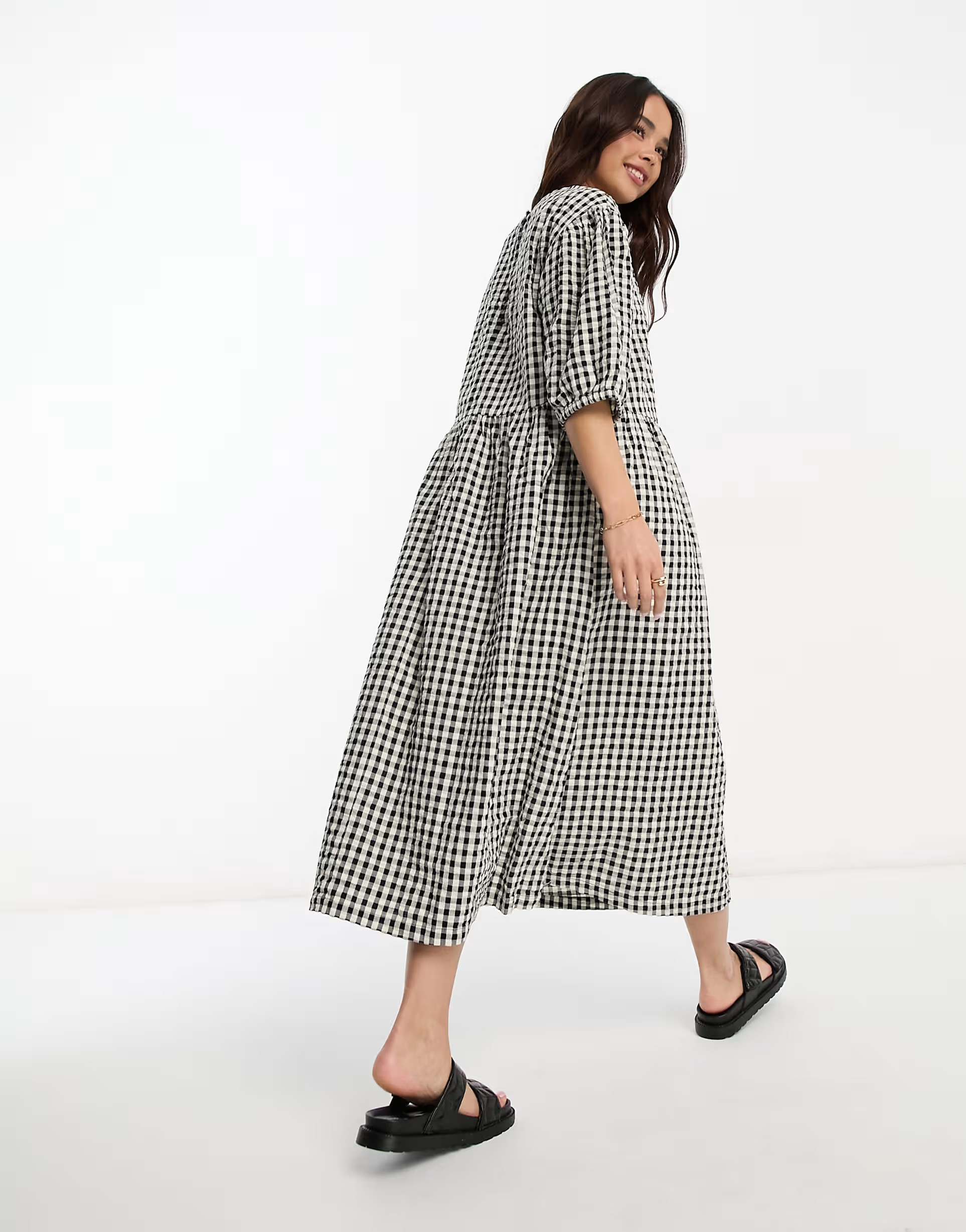 Monki seersucker smock midi dress in black and white gingham | ASOS (Global)