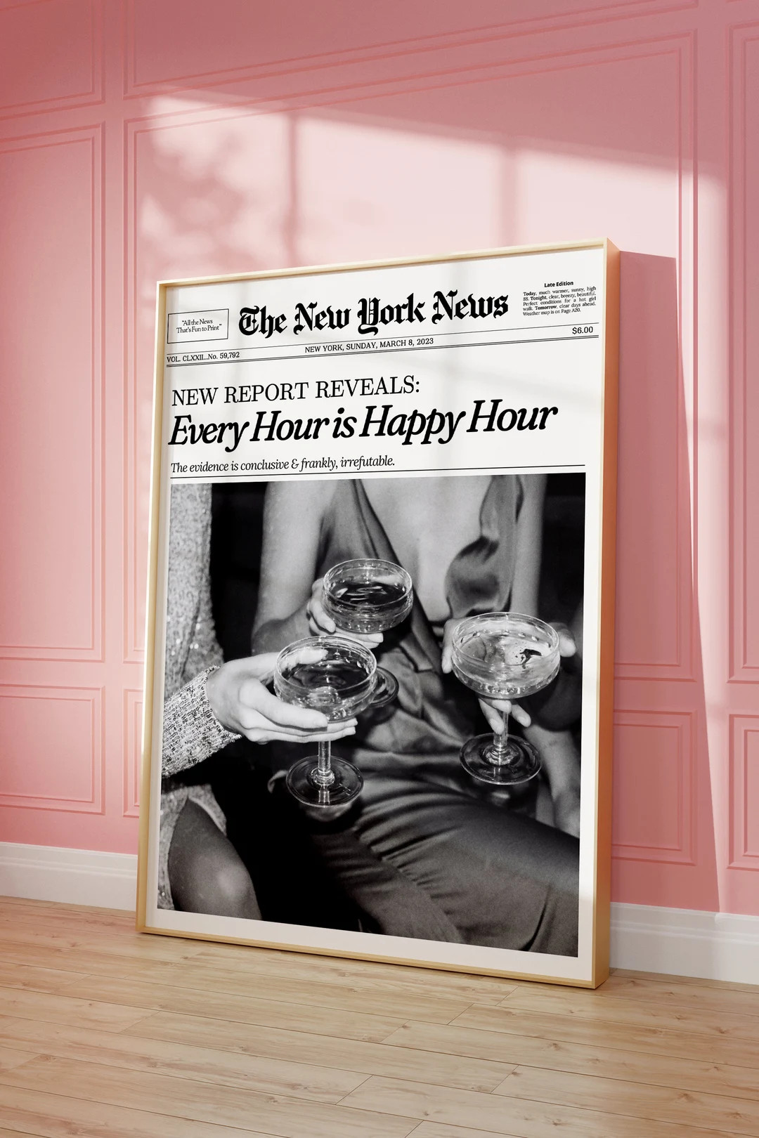 Trendy Newspaper Print, Happy Hour Poster, New York News, Every Hour is Happy Hour, Vintage Bar C... | Etsy (US)