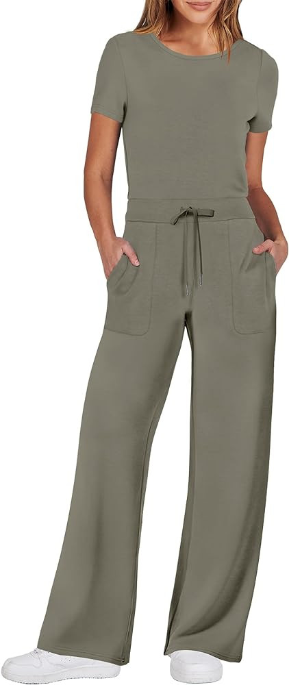 ANRABESS Jumpsuits for Women Casual Summer 2024 Short Sleeve Loose Wide leg Pants Dressy Romper J... | Amazon (US)