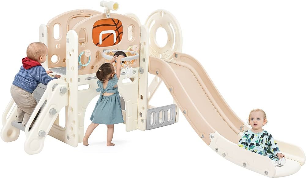 Merax 7-in-1 Kids Slide with Climber, Basketball Hoop, Tunnel, Telescope and Storage Space, Outdo... | Amazon (US)