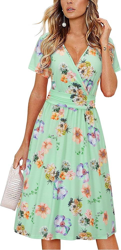 OUGES Women's Summer Short Sleeve V-Neck Floral Short Party Dress with Pockets | Amazon (US)