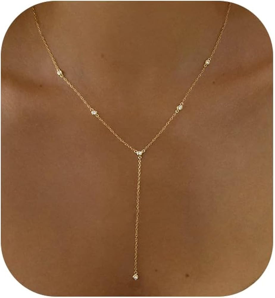 Gold Necklace for Women, Dainty Gold Long Necklaces 14k Gold Plated Prom Bar CZ Lariat Necklace S... | Amazon (US)