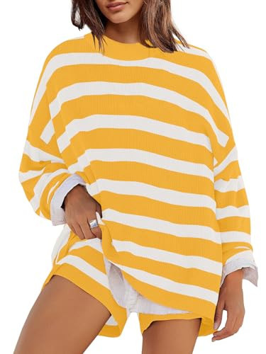 Panadila Striped Lounge Sets for Women Sweater Set Pajama Set Long Sleeve and Shorts 2025 Matching Set 2 Piece Outfits (Lemon Yellow Combo,XS) | Amazon (US)