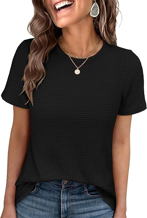 ANRABESS Women's Summer Waffle Knit Tops Crew Neck Short Sleeve Casual Trendy Shirts Basic Tee Bl... | Amazon (US)