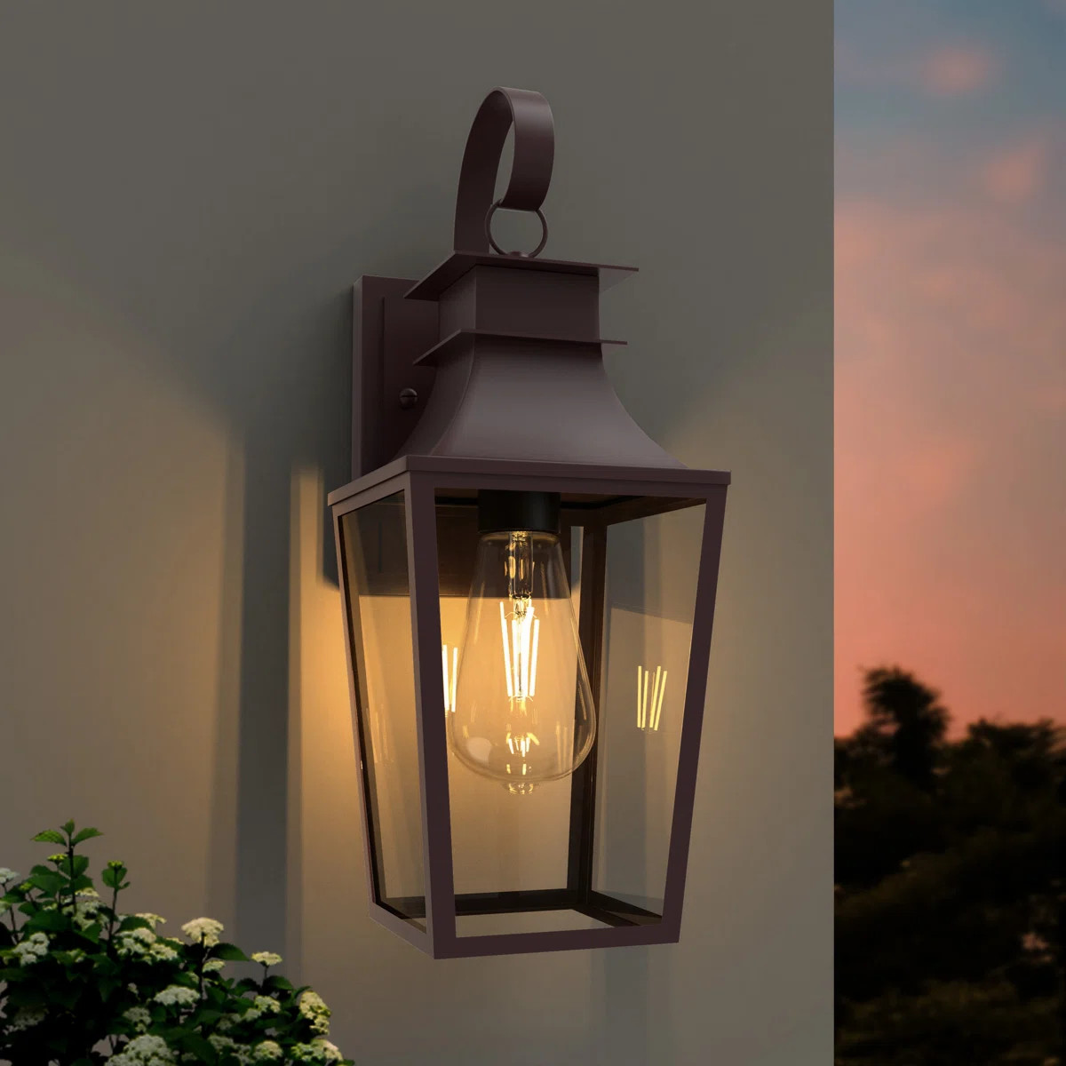 1 - Light 16''H Oil Rubbed Bronze Iron Tempered Glass Outdoor Wall Lantern With Dusk To Dawn | Wayfair North America
