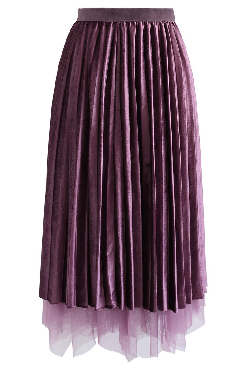 Mix and Match Velvet Mesh Pleated Skirt in Plum | Chicwish