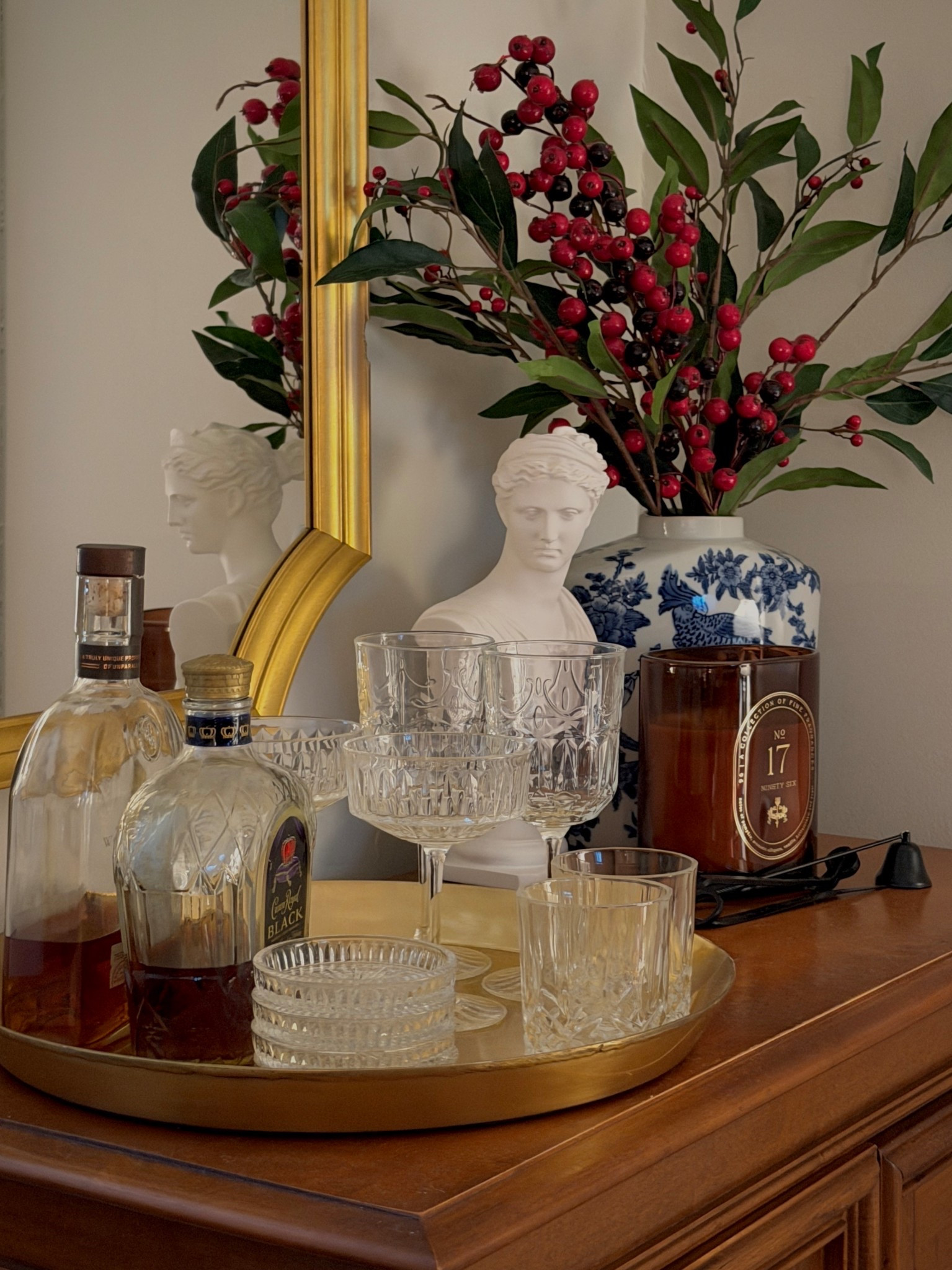 A classic bar cart/cabinet vignette featuring brass, crystal, and traditional blue-and-white accents. Inspired by timeless European interiors and refined entertaining spaces.

Save for classic home decor and elevated living inspiration.

#ClassicHomeDecor #BarCartStyling #TimelessInteriors 
#TraditionalHome #MaeveAndJames

#LTKHome