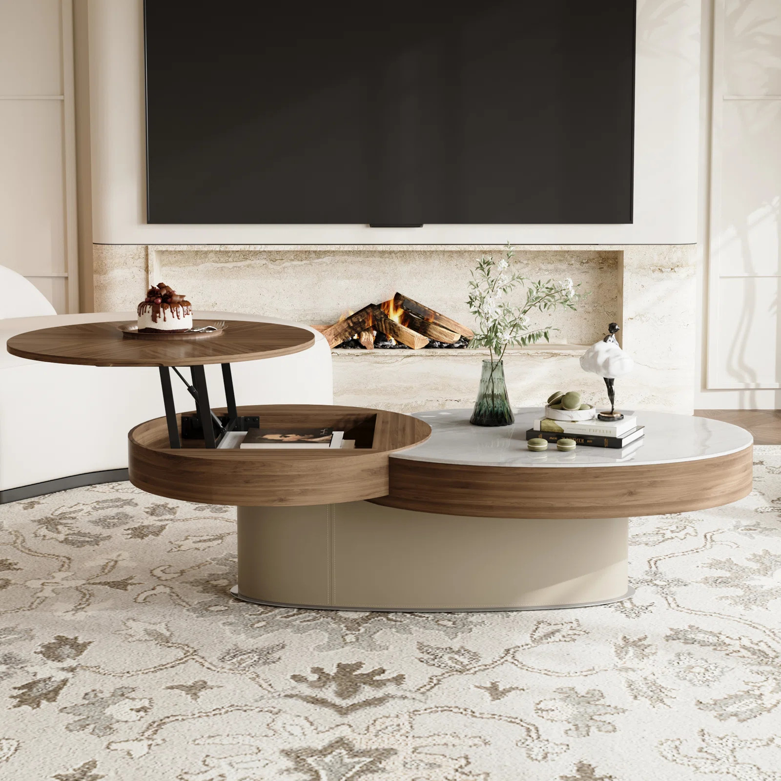 51.97" Modern Lift-Top Coffee Table, with Storage, White Glossy Stone Table top,Solid Wood Textur... | Wayfair North America