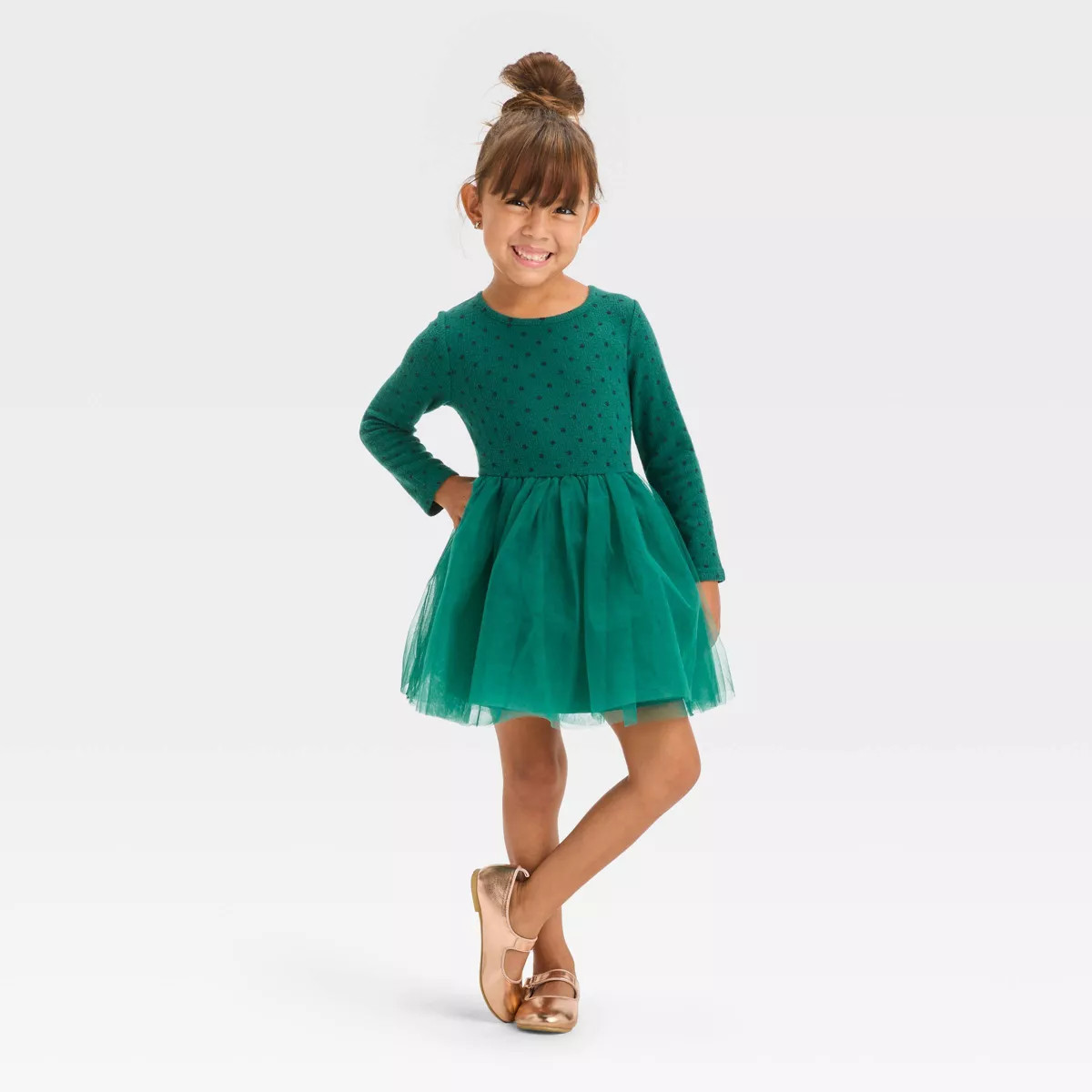 Toddler Girls' Dot Long Sleeve Knit Tulle Dress - Cat & Jack™ Green | Target